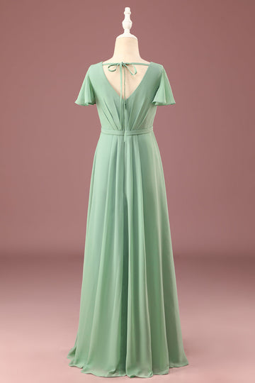 Matcha largo A-line Chiffon V-neck Mangas cortas Junior Bridesmaid Dress